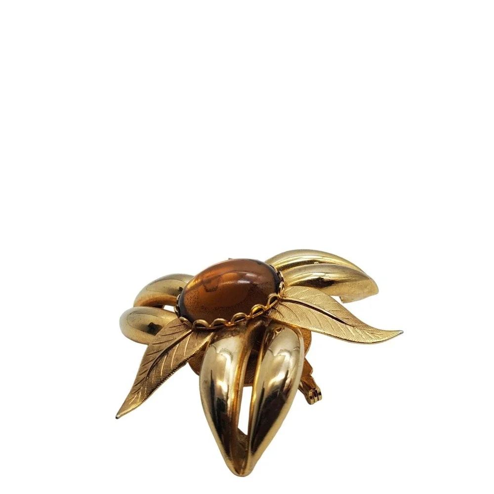 Brown Topaz Glass Brooch Domed Flower Pin Gold Tone Curved MCM Vintage 1960s